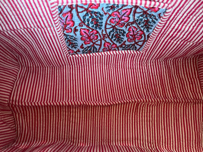 Red Floral Breeze on Blue Quilted Cotton Duffle Bag – Lightweight Travel Weekender