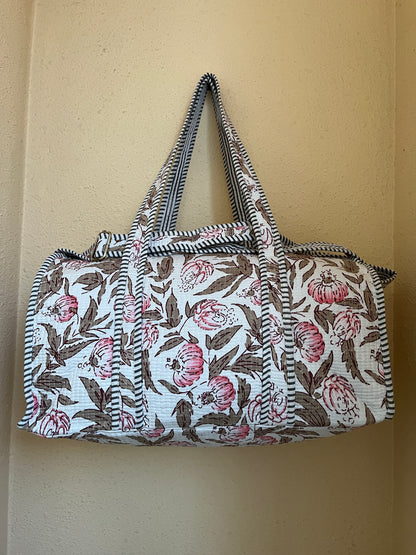 White Floral Quilted Cotton Duffle Bag – Lightweight Travel Weekender