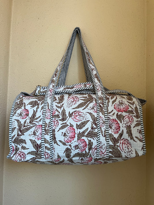 White Floral Quilted Cotton Duffle Bag – Lightweight Travel Weekender