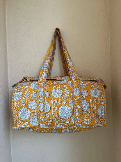 Yellow Bloom Quilted Cotton Duffle Bag – Lightweight Travel Weekender