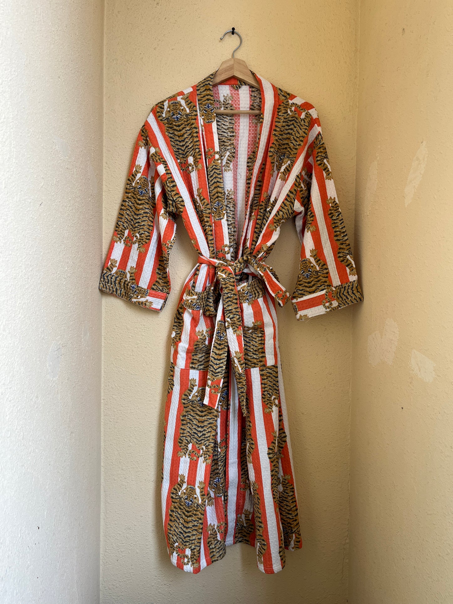 Bold Orange & White Stripe Tiger Waffle Bathrobe – Luxury Spa Robe