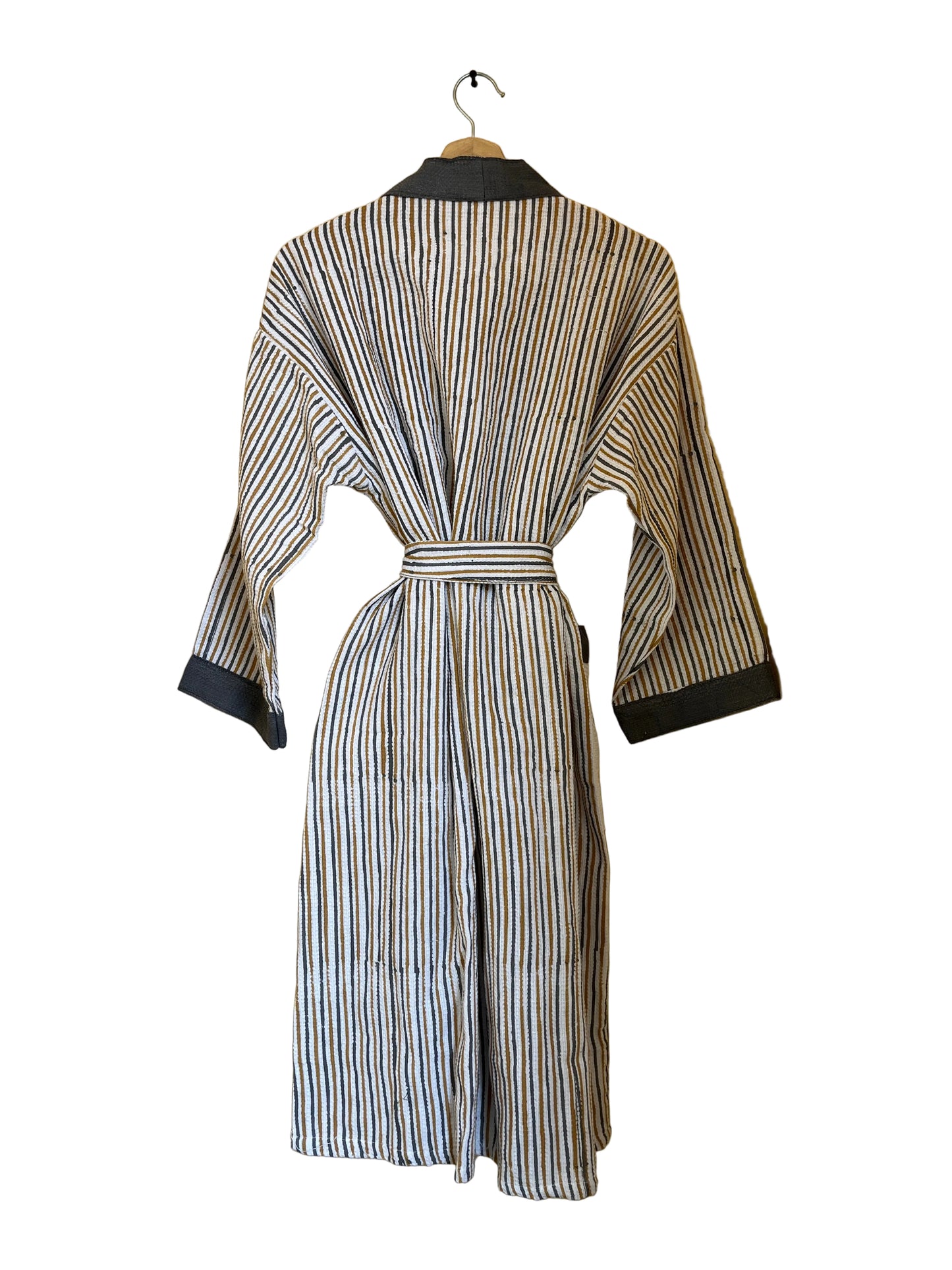 Sunshine Yellow Floral Striped Handblock Cotton Waffle Bathrobe –Luxury Spa Robe