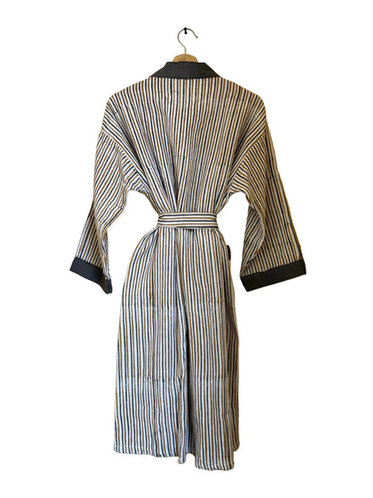 Sunshine Yellow Floral Striped Handblock Cotton Waffle Bathrobe –Luxury Spa Robe