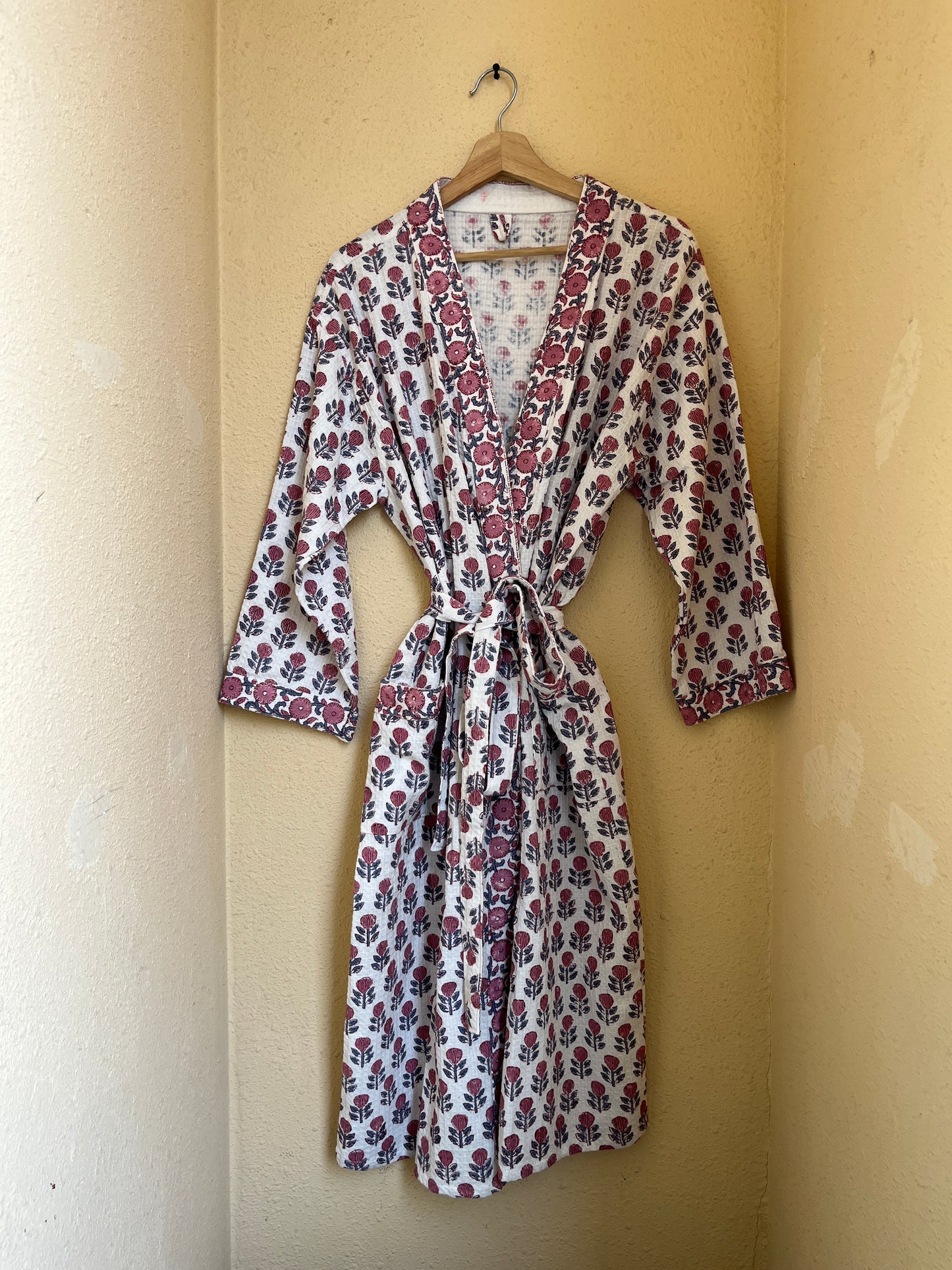 Blush Pink Mini Floral Handblock Waffle Bathrobe – Luxury Spa Robe