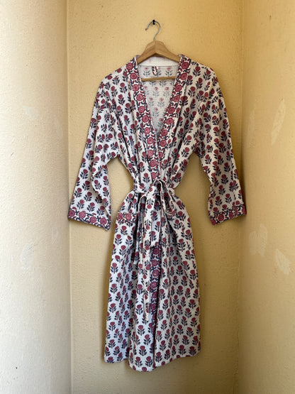 Blush Pink Mini Floral Handblock Waffle Bathrobe – Luxury Spa Robe
