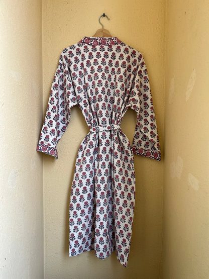 Blush Pink Mini Floral Handblock Waffle Bathrobe – Luxury Spa Robe