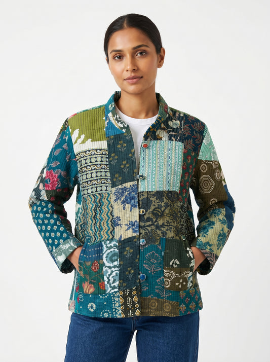 Green patchwork – Long Blue Patchwork Cotton Quilted Reversible Jacket