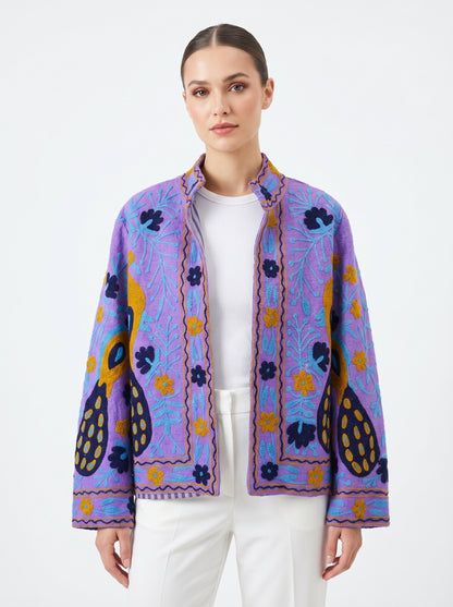 Women's Blue Suzani Reversible Jacket – Artistic Embroidered Statement Jacket