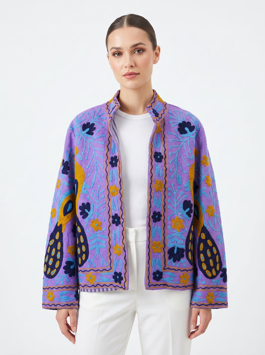 Women's Blue Suzani Reversible Jacket – Artistic Embroidered Statement Jacket