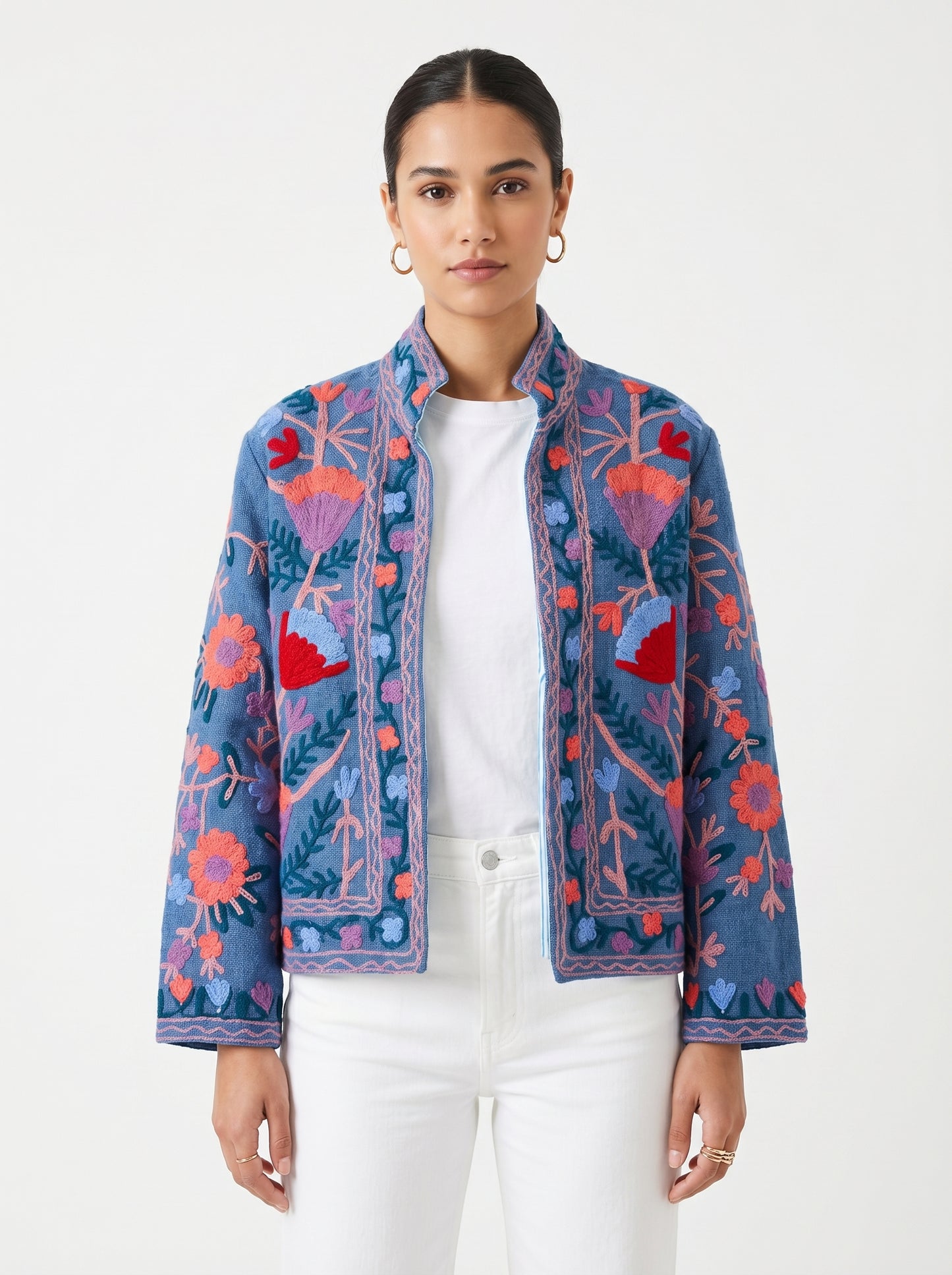 Women's Light Blue Suzani Reversible Jacket – Artistic Embroidered Statement Jacket