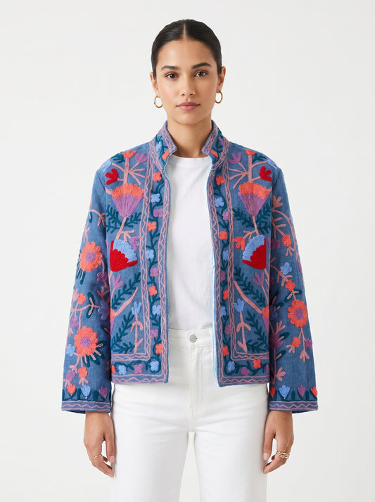 Women's Light Blue Suzani Reversible Jacket – Artistic Embroidered Statement Jacket