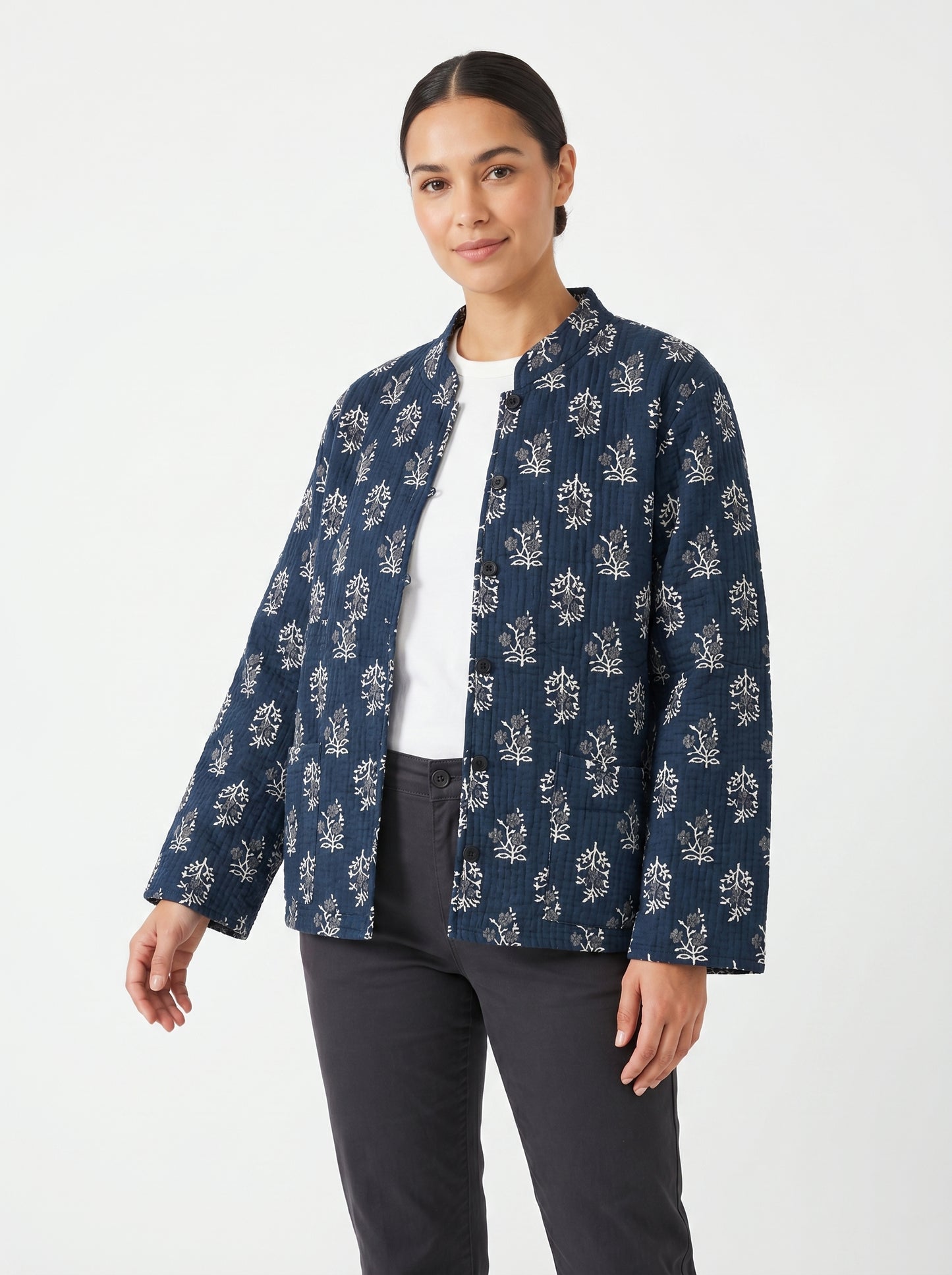 Black Floral – Long Cotton Quilted Reversible Jacket