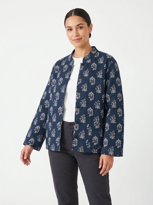 Black Floral – Long Cotton Quilted Reversible Jacket