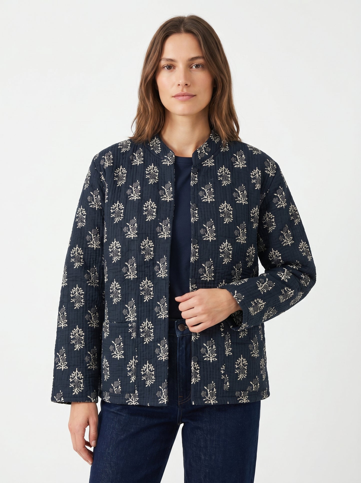 Black Floral – Long Cotton Quilted Reversible Jacket
