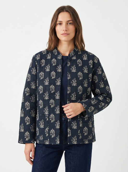 Black Floral – Long Cotton Quilted Reversible Jacket