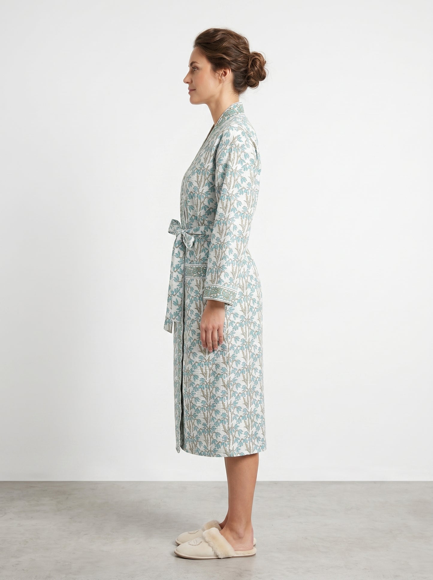 Teal Blue vine Floral Waffle Bathrobe – Luxury Spa Robe