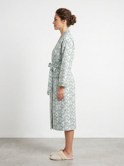 Teal Blue vine Floral Waffle Bathrobe – Luxury Spa Robe