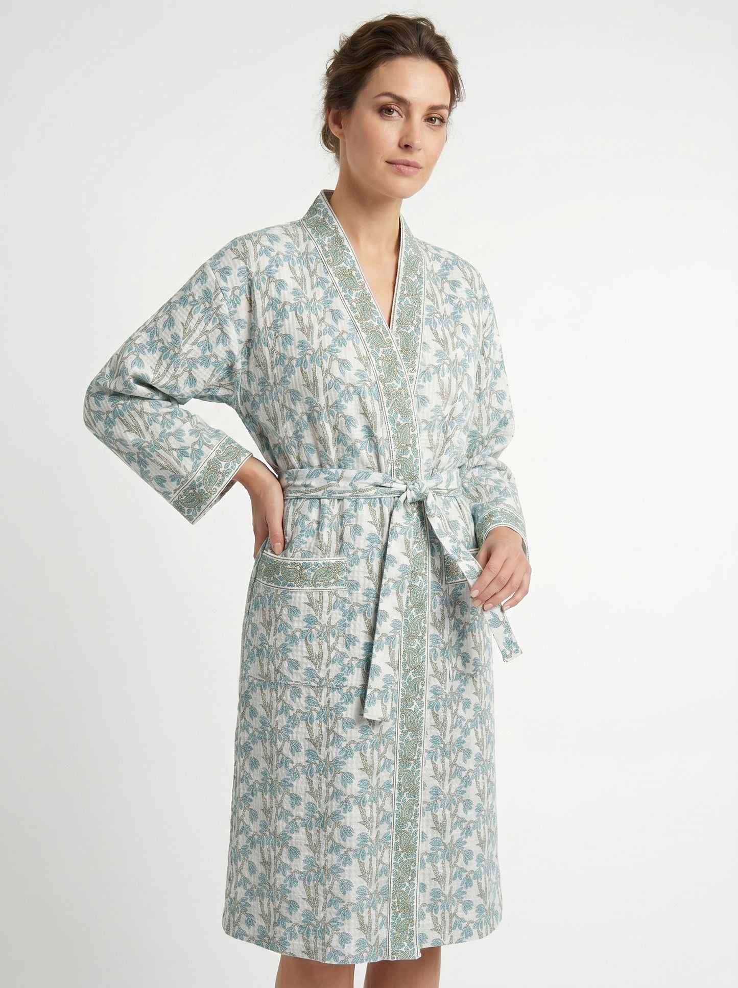 Teal Blue vine Floral Waffle Bathrobe – Luxury Spa Robe