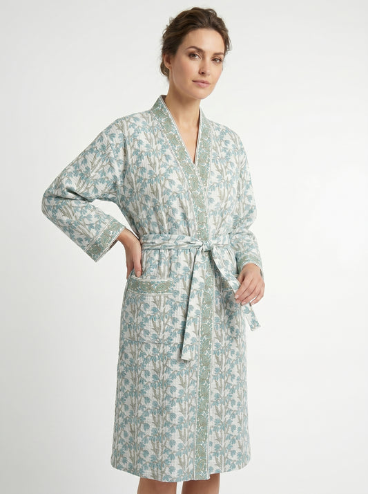 Teal Blue vine Floral Waffle Bathrobe – Luxury Spa Robe