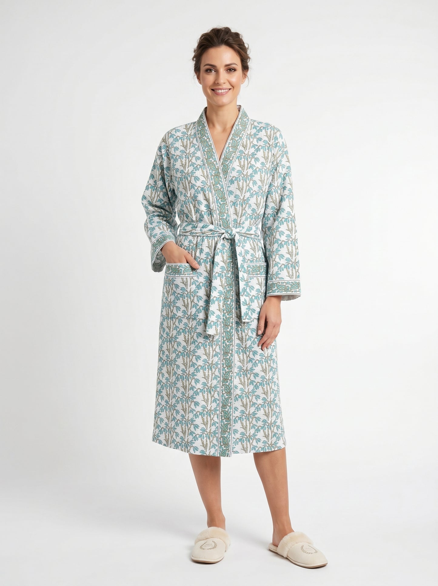 Teal Blue vine Floral Waffle Bathrobe – Luxury Spa Robe