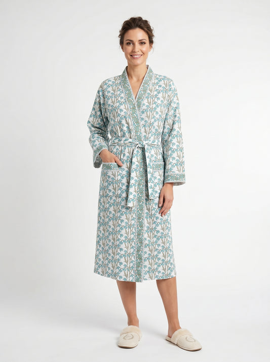 Teal Blue vine Floral Waffle Bathrobe – Luxury Spa Robe