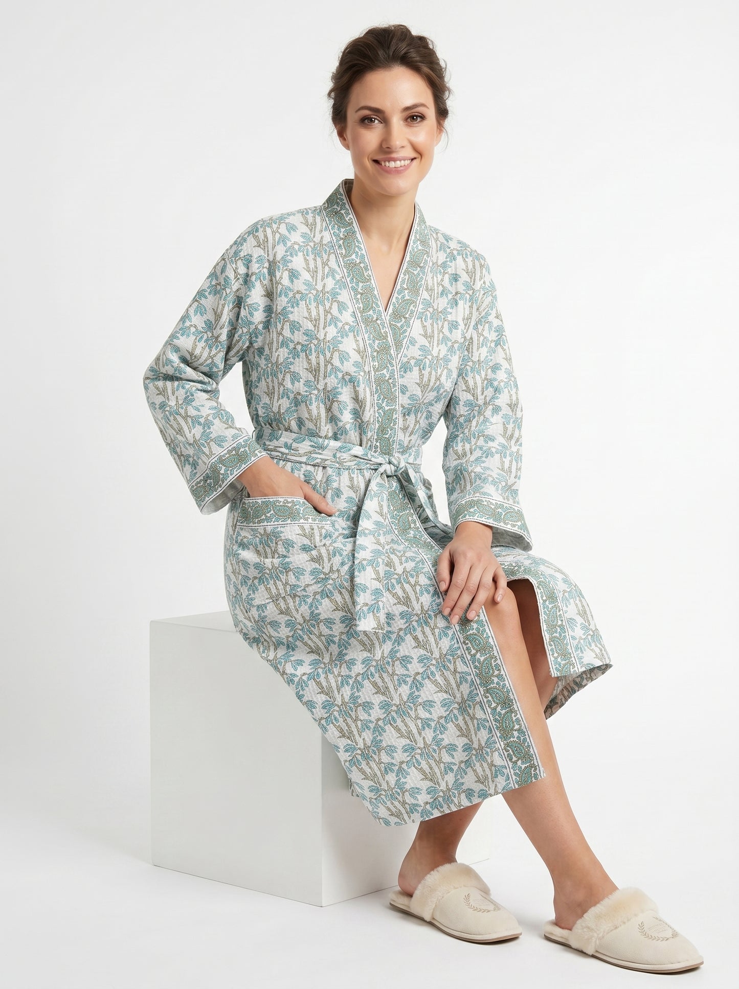 Teal Blue vine Floral Waffle Bathrobe – Luxury Spa Robe