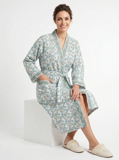Teal Blue vine Floral Waffle Bathrobe – Luxury Spa Robe