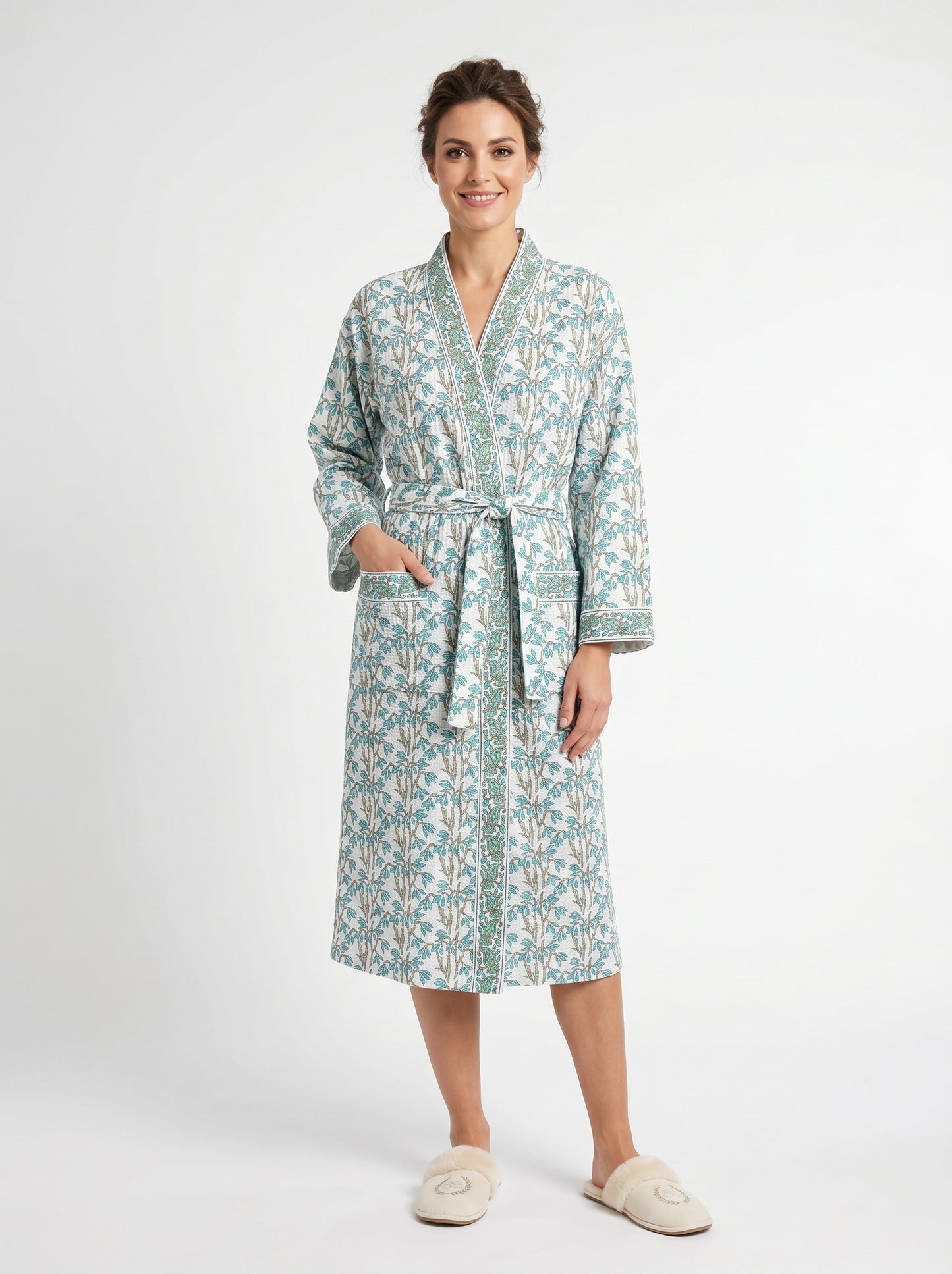 Teal Blue vine Floral Waffle Bathrobe – Luxury Spa Robe