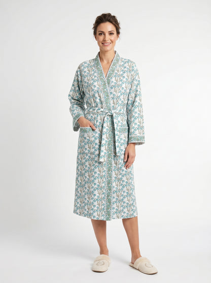 Teal Blue vine Floral Waffle Bathrobe – Luxury Spa Robe
