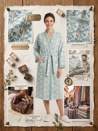 Teal Blue vine Floral Waffle Bathrobe – Luxury Spa Robe