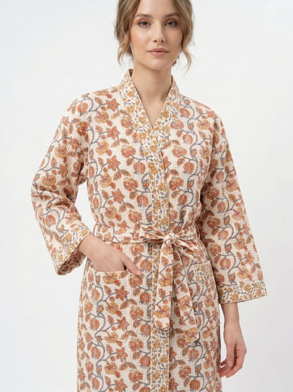 Teal Orange vine Floral Waffle Bathrobe – Luxury Spa Robe