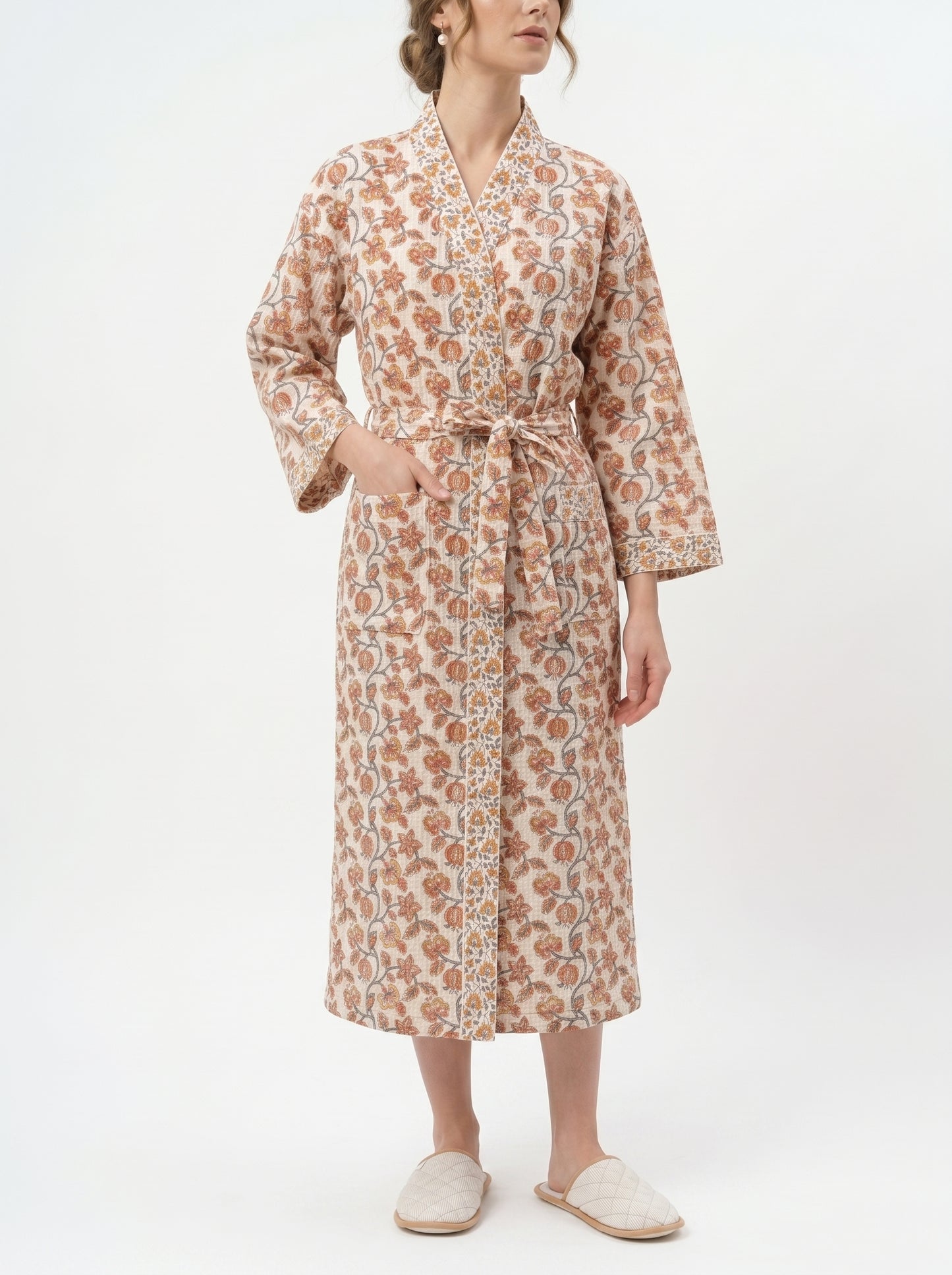 Teal Orange vine Floral Waffle Bathrobe – Luxury Spa Robe
