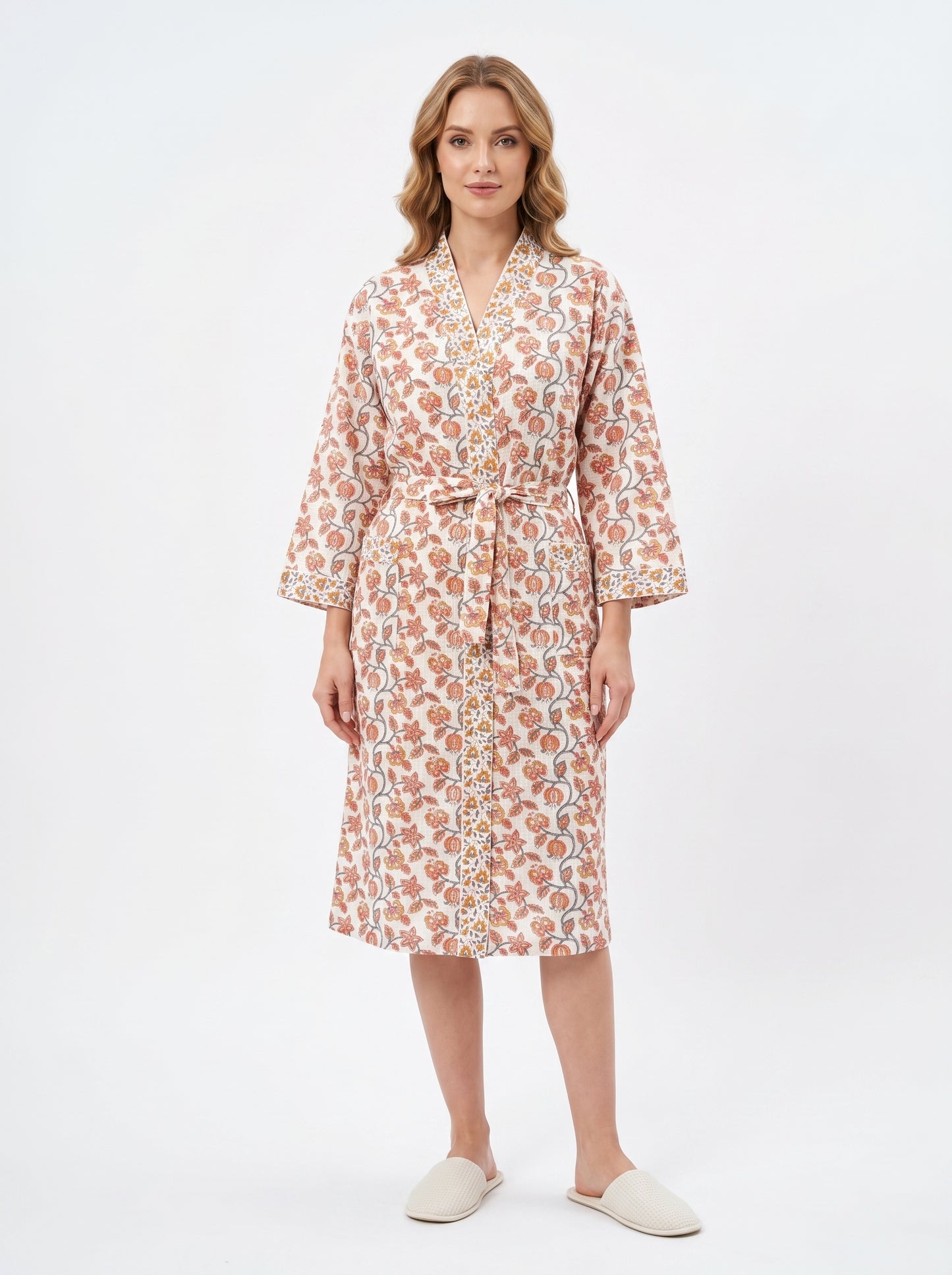 Teal Orange vine Floral Waffle Bathrobe – Luxury Spa Robe