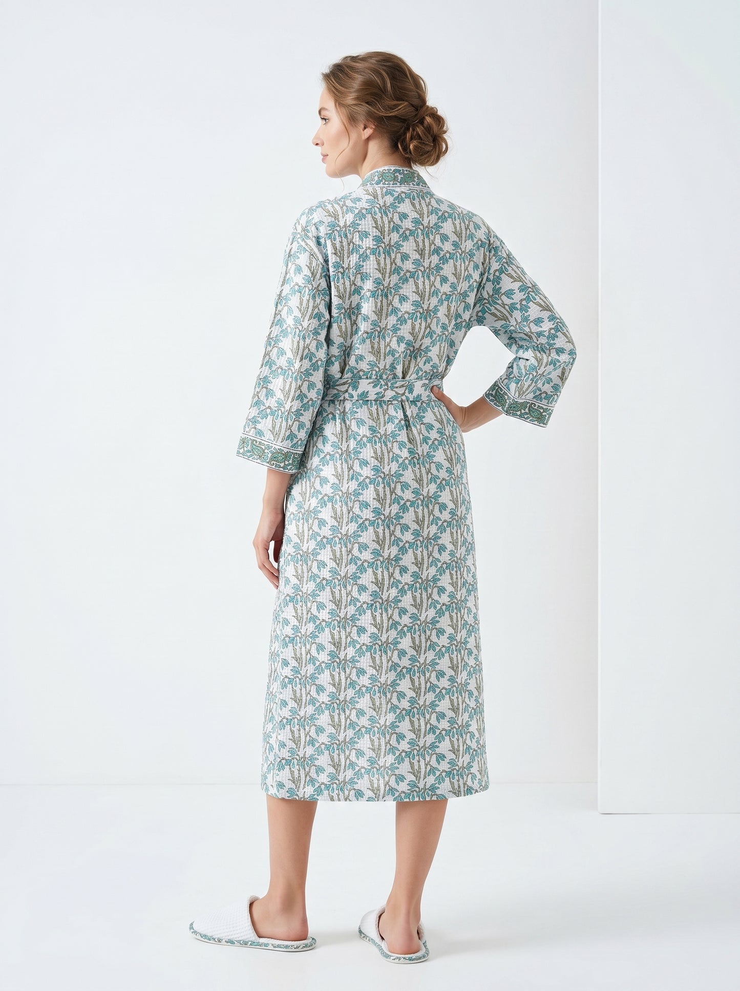 Teal Blue vine Floral Waffle Bathrobe – Luxury Spa Robe