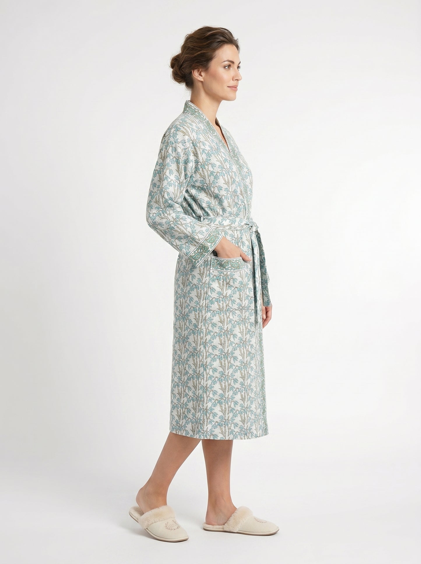 Teal Blue vine Floral Waffle Bathrobe – Luxury Spa Robe