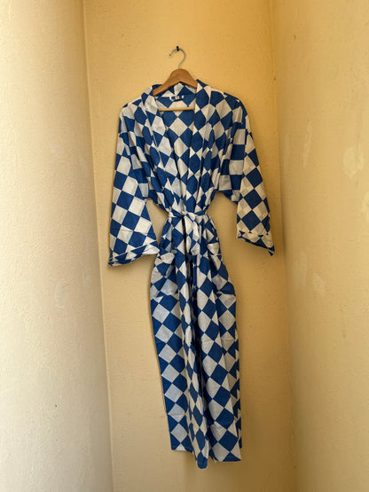 White and blue checks abstract women's cotton kimono.
 Modern geometric and abstract print lightweight cotton dressing gown.