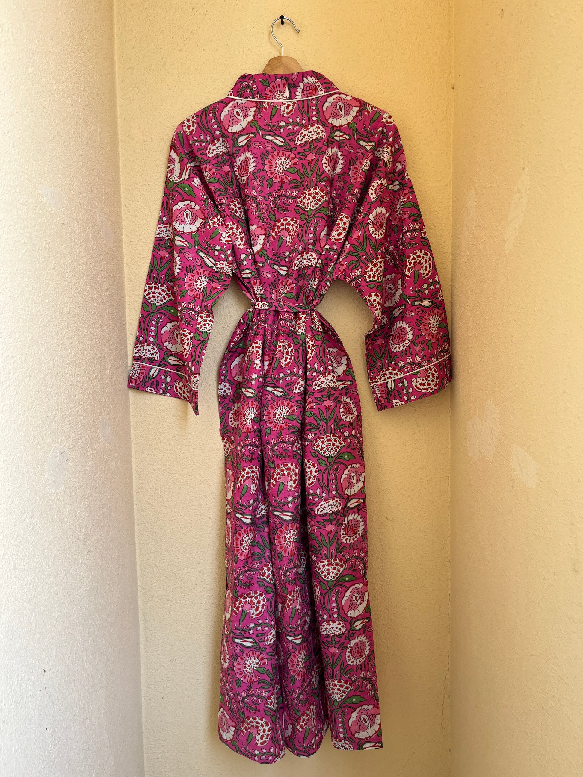 Fuchsia pink petal women's cotton kimono. Vibrant pink floral block
 print lightweight dressing gown and summer robe.