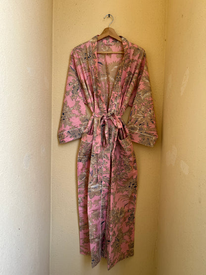 Blush Bloom women's cotton Tibetan kimono. Soft pastel pink
 floral printed lightweight cotton robe for morning loungewear.