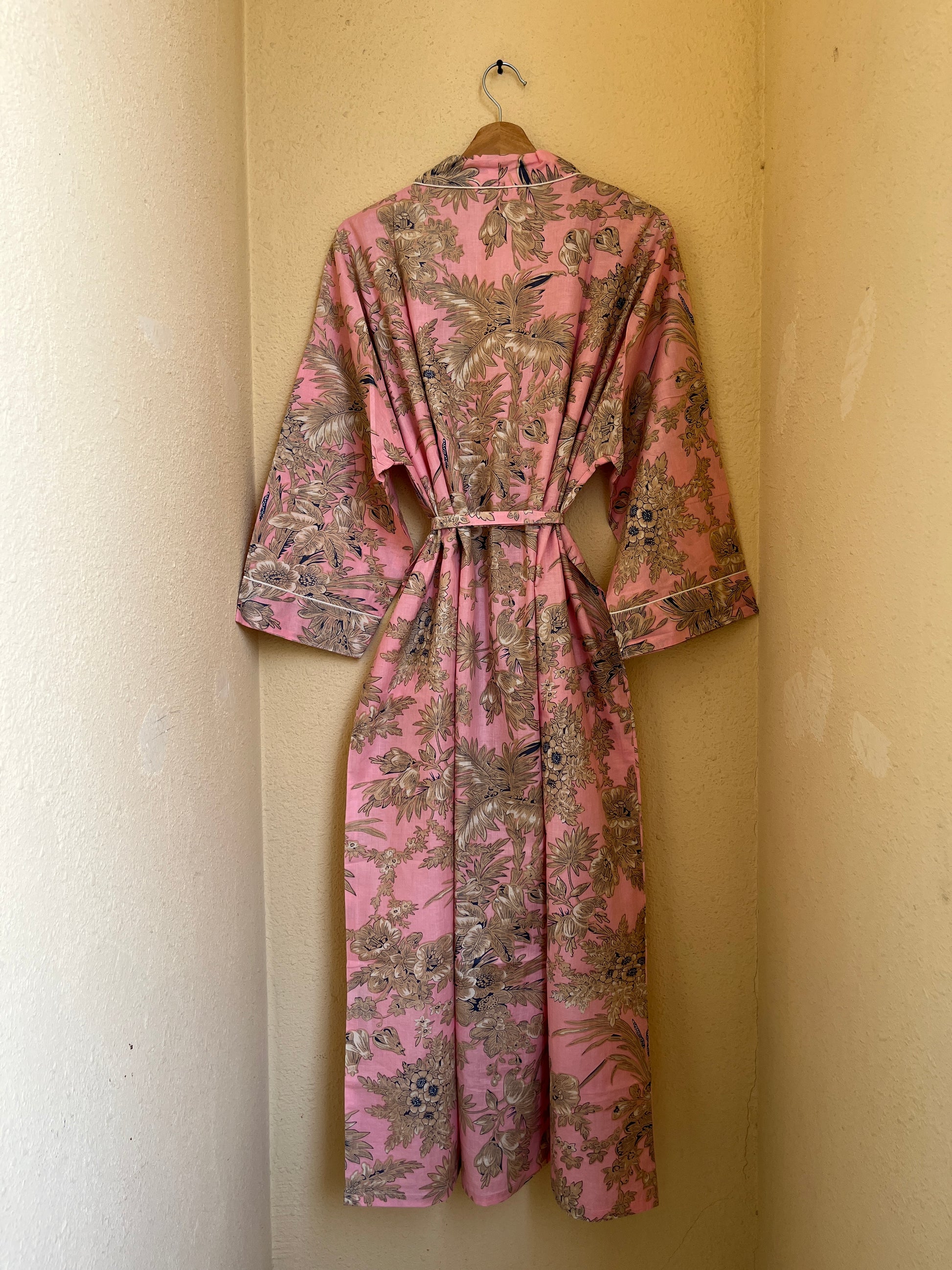 Blush Bloom women's cotton Tibetan kimono. Soft pastel pink
 floral printed lightweight cotton robe for morning loungewear.
