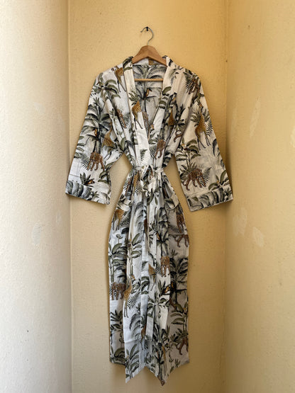 White Jungle Muse women's cotton kimono. Tropical botanical and
 jungle print lightweight cotton housecoat in white and green.