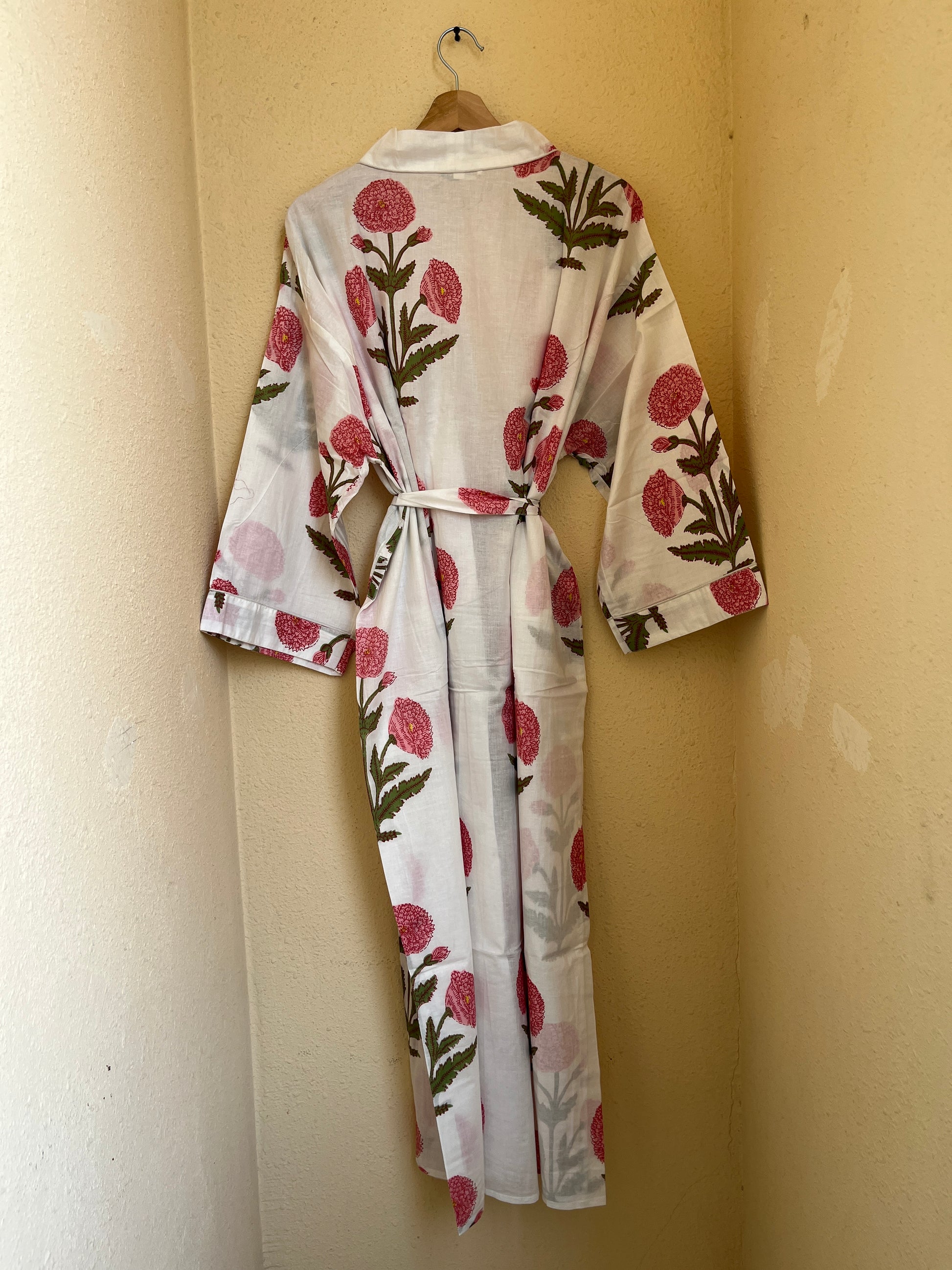Petal Cloud pink women's cotton kimono. Soft, airy pink floral 
block print lightweight cotton robe for lounging at home.