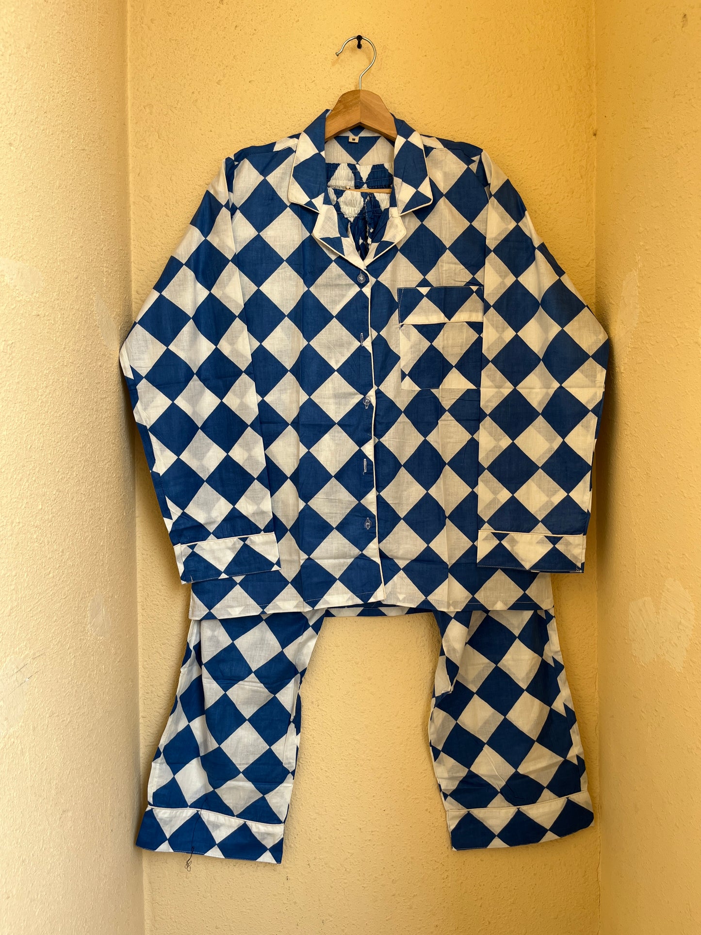 White Blue Checks Abstract Cotton Night Suit Set – Elegant Two Piece Pajama Set