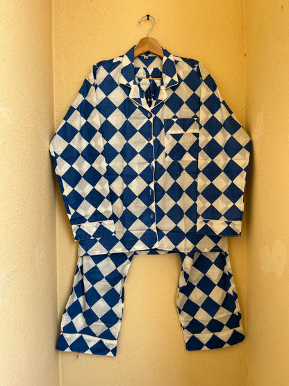 White Blue Checks Abstract Cotton Night Suit Set – Elegant Two Piece Pajama Set