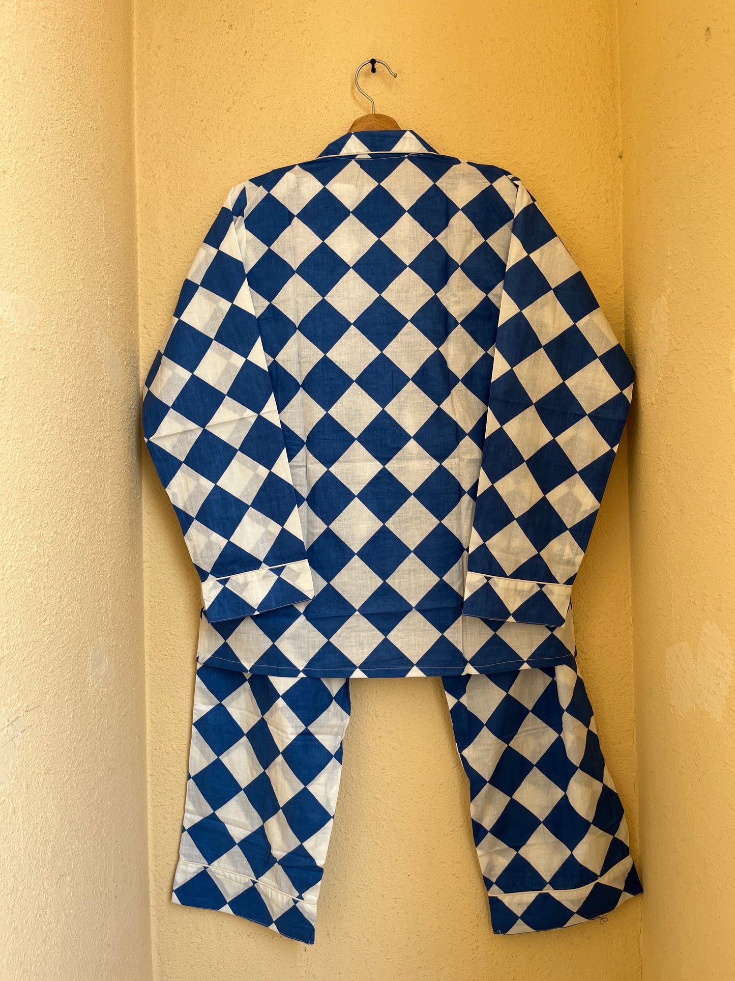 White Blue Checks Abstract Cotton Night Suit Set – Elegant Two Piece Pajama Set