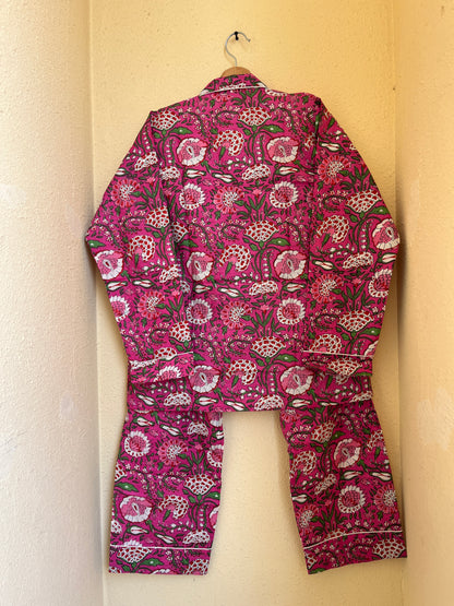 Fuchsia Pink Petal  Cotton Night Suit Set – Elegant Two Piece Pajama Set