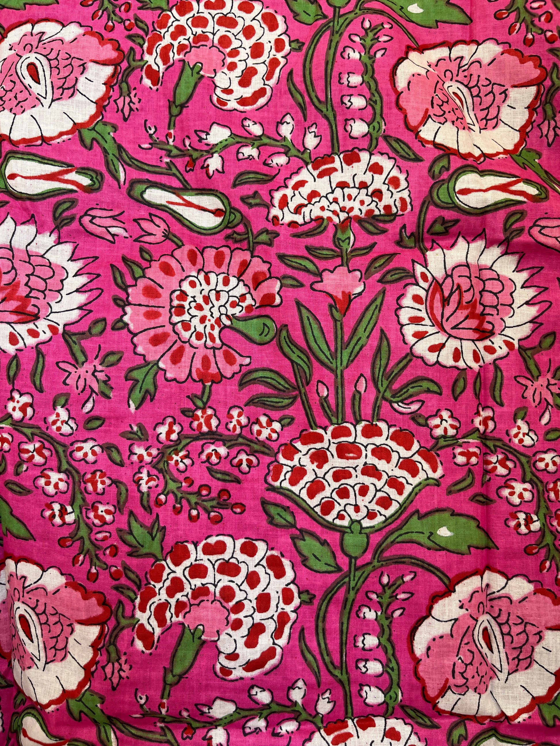 Fuchsia pink petal women's cotton kimono. Vibrant pink floral block
 print lightweight dressing gown and summer robe.