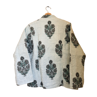 Minty Green Bloom - – Long Cotton Quilted Reversible Jacket