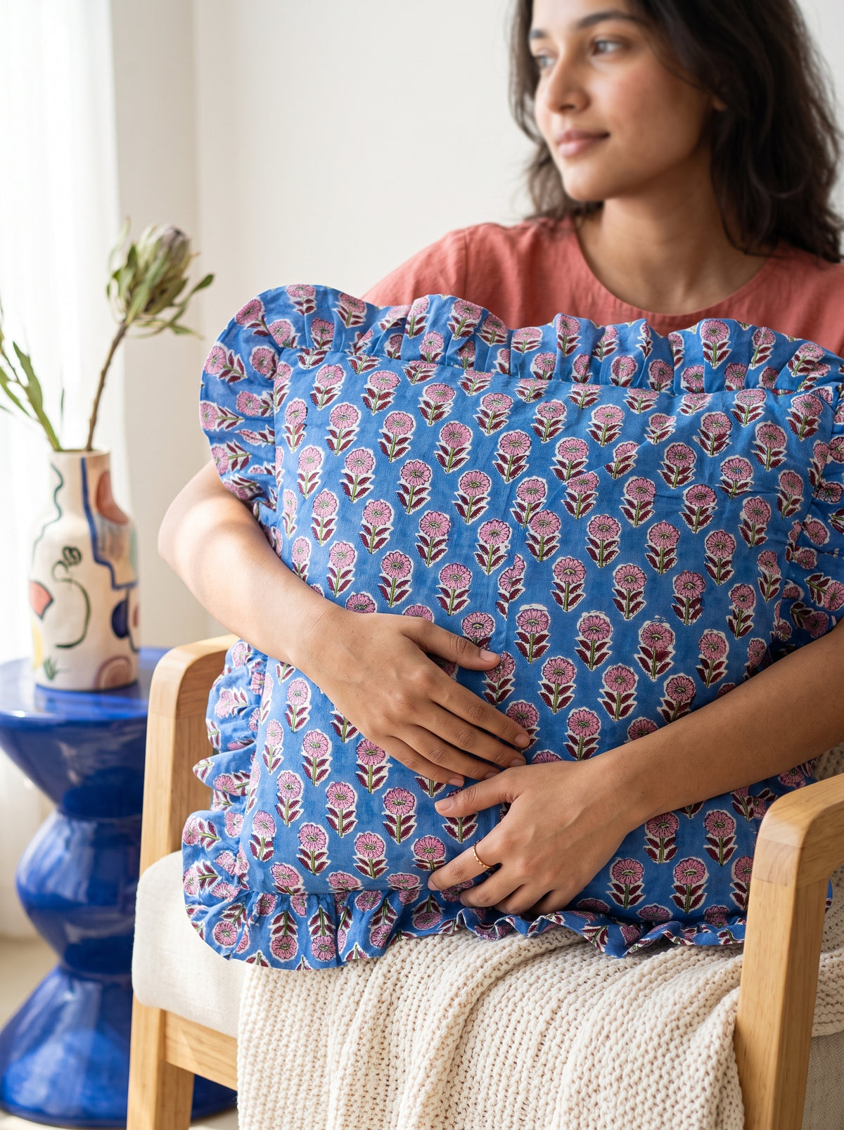 Indigo Floral Hand Block Printed Cotton Cushion Cover Set of 5 – 18x18