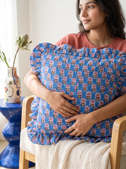 Indigo Floral Hand Block Printed Cotton Cushion Cover Set of 5 – 18x18