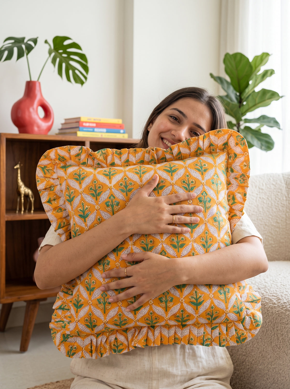 Yellow Floral Hand Block Printed Cotton Cushion Cover  Set of 5 – 18x18